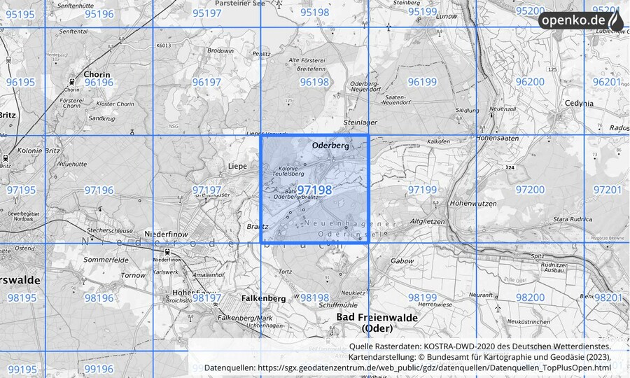 Übersichtskarte des KOSTRA-DWD-2020-Rasterfeldes Nr. 97198