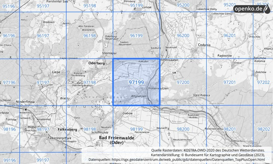 Übersichtskarte des KOSTRA-DWD-2020-Rasterfeldes Nr. 97199