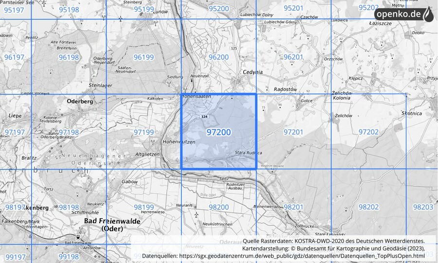 Übersichtskarte des KOSTRA-DWD-2020-Rasterfeldes Nr. 97200