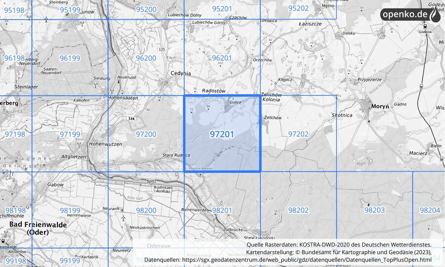 Übersichtskarte des KOSTRA-DWD-2020-Rasterfeldes Nr. 97201