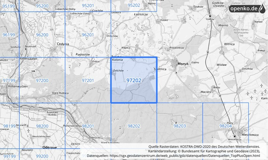 Übersichtskarte des KOSTRA-DWD-2020-Rasterfeldes Nr. 97202