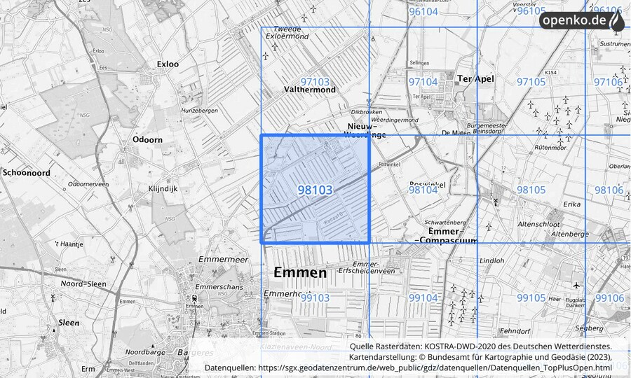 Übersichtskarte des KOSTRA-DWD-2020-Rasterfeldes Nr. 98103