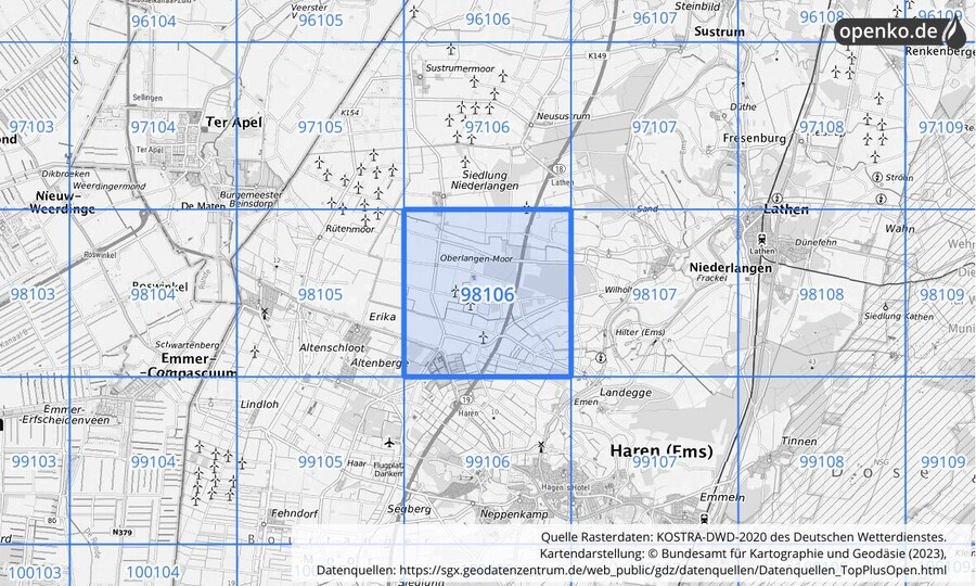 Übersichtskarte des KOSTRA-DWD-2020-Rasterfeldes Nr. 98106