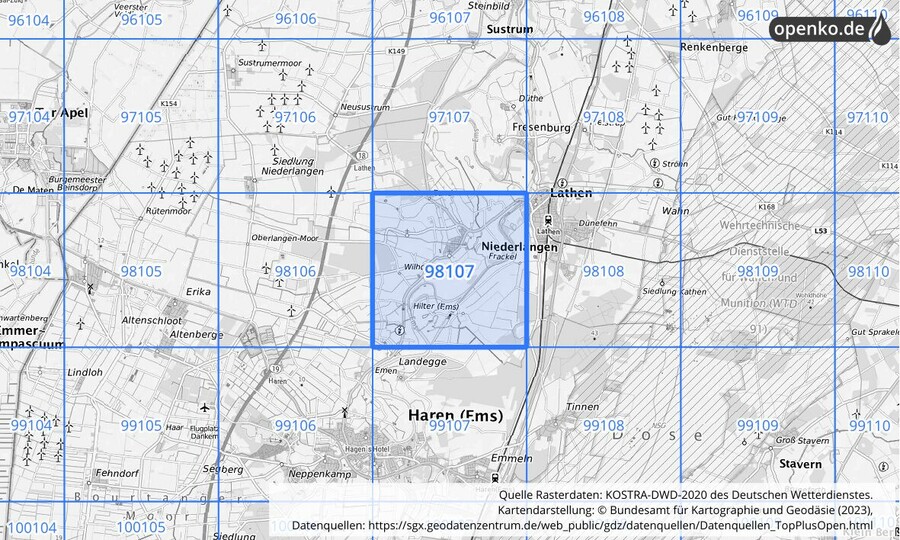 Übersichtskarte des KOSTRA-DWD-2020-Rasterfeldes Nr. 98107