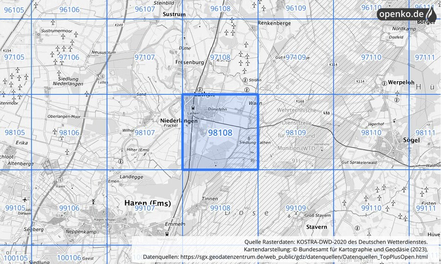 Übersichtskarte des KOSTRA-DWD-2020-Rasterfeldes Nr. 98108