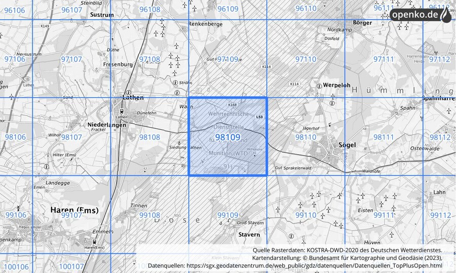 Übersichtskarte des KOSTRA-DWD-2020-Rasterfeldes Nr. 98109
