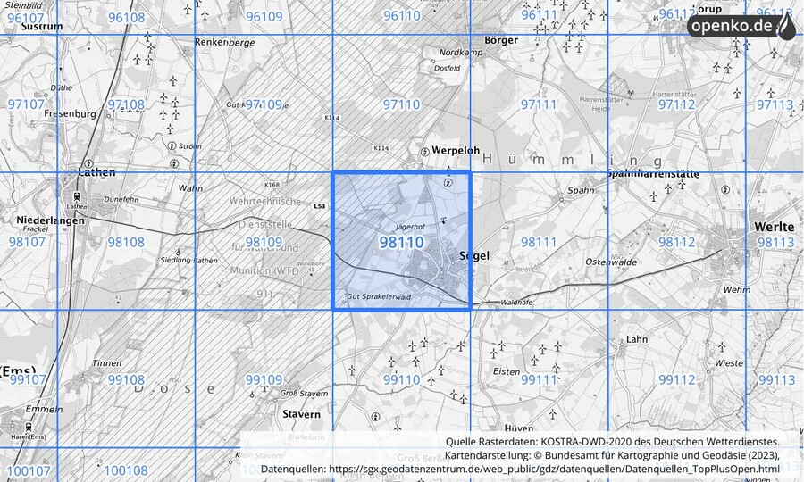 Übersichtskarte des KOSTRA-DWD-2020-Rasterfeldes Nr. 98110