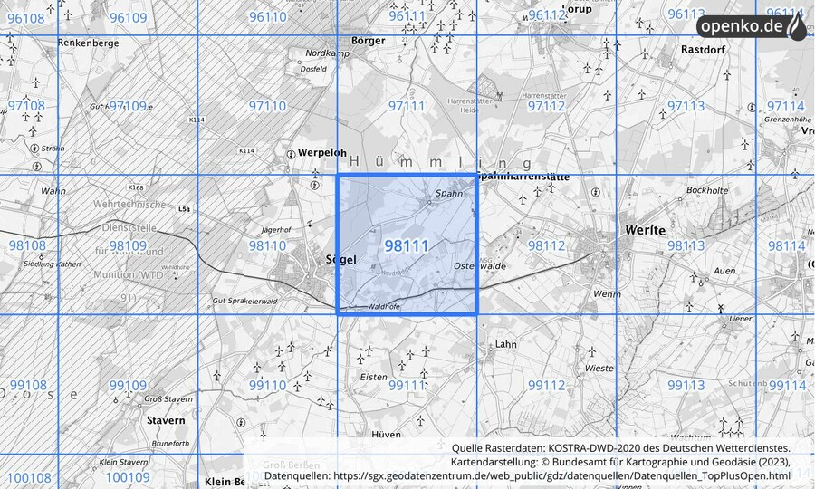 Übersichtskarte des KOSTRA-DWD-2020-Rasterfeldes Nr. 98111