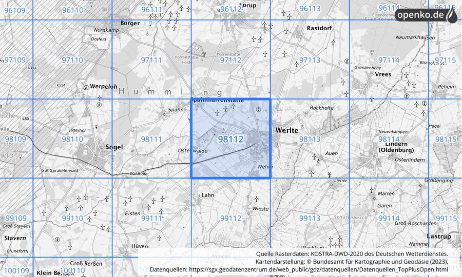 Übersichtskarte des KOSTRA-DWD-2020-Rasterfeldes Nr. 98112