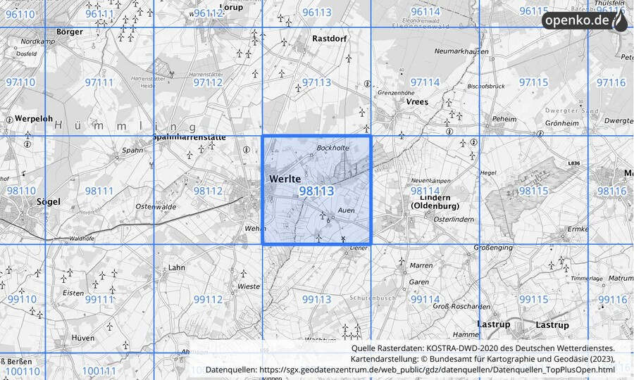 Übersichtskarte des KOSTRA-DWD-2020-Rasterfeldes Nr. 98113