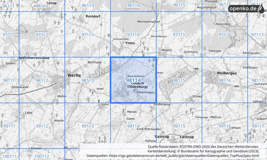 Übersichtskarte des KOSTRA-DWD-2020-Rasterfeldes Nr. 98114