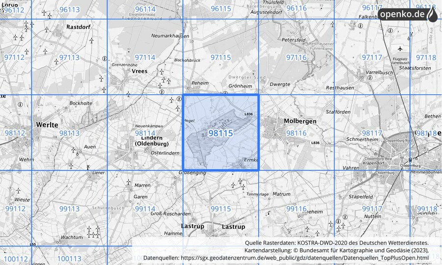 Übersichtskarte des KOSTRA-DWD-2020-Rasterfeldes Nr. 98115