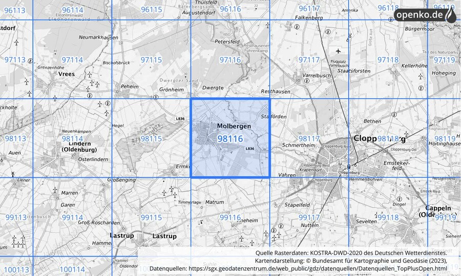 Übersichtskarte des KOSTRA-DWD-2020-Rasterfeldes Nr. 98116