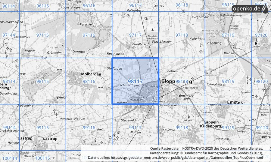 Übersichtskarte des KOSTRA-DWD-2020-Rasterfeldes Nr. 98117