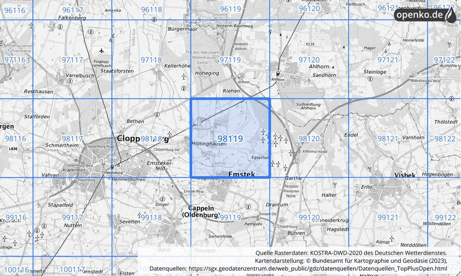 Übersichtskarte des KOSTRA-DWD-2020-Rasterfeldes Nr. 98119