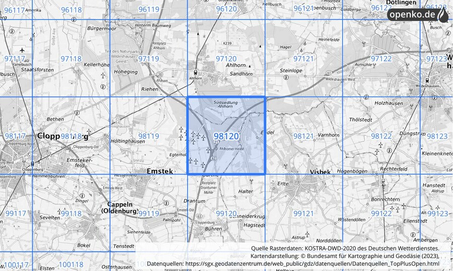 Übersichtskarte des KOSTRA-DWD-2020-Rasterfeldes Nr. 98120