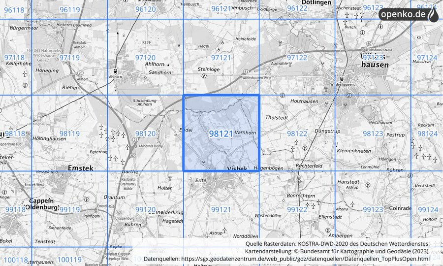 Übersichtskarte des KOSTRA-DWD-2020-Rasterfeldes Nr. 98121