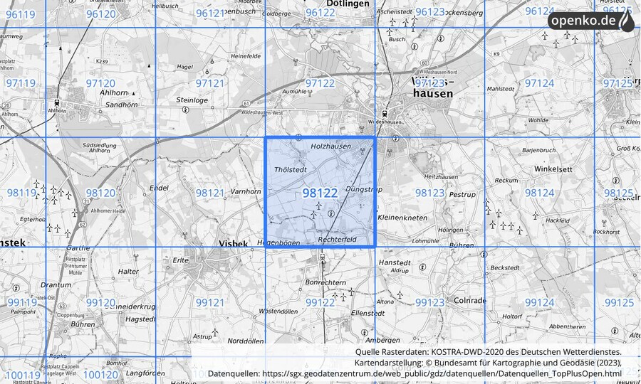 Übersichtskarte des KOSTRA-DWD-2020-Rasterfeldes Nr. 98122