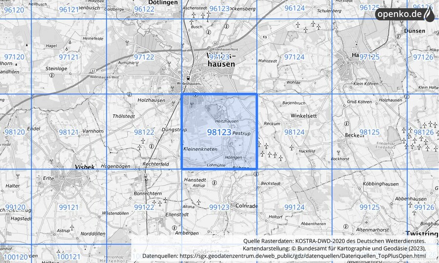 Übersichtskarte des KOSTRA-DWD-2020-Rasterfeldes Nr. 98123