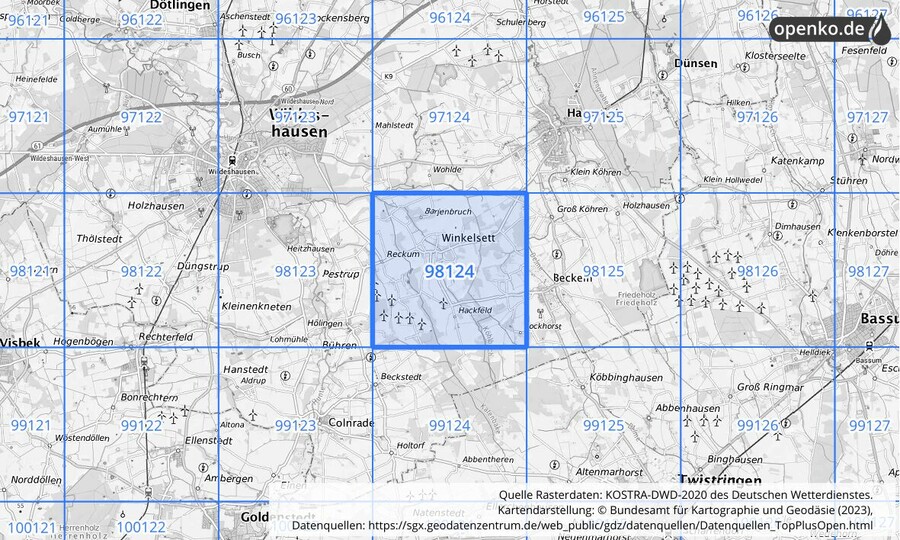 Übersichtskarte des KOSTRA-DWD-2020-Rasterfeldes Nr. 98124