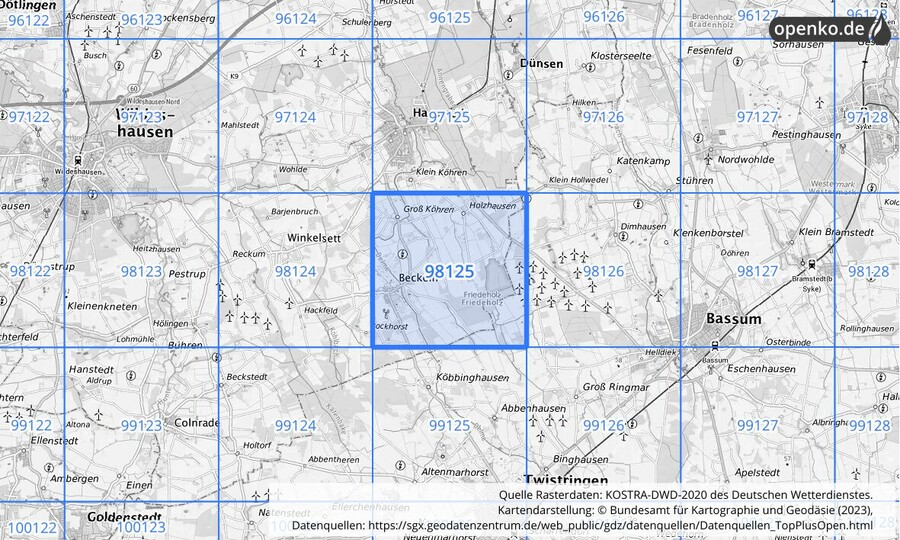 Übersichtskarte des KOSTRA-DWD-2020-Rasterfeldes Nr. 98125