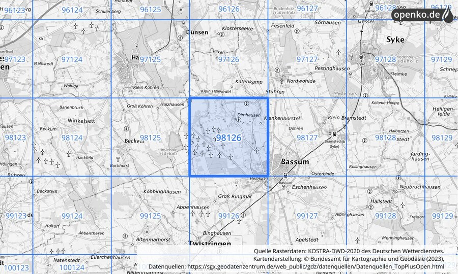 Übersichtskarte des KOSTRA-DWD-2020-Rasterfeldes Nr. 98126