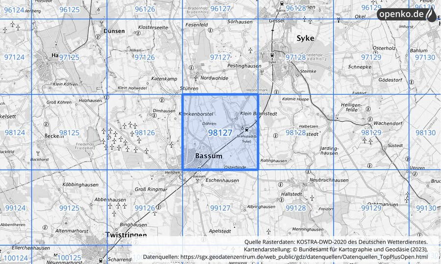 Übersichtskarte des KOSTRA-DWD-2020-Rasterfeldes Nr. 98127