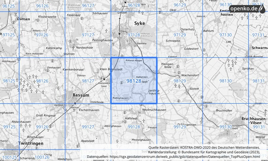 Übersichtskarte des KOSTRA-DWD-2020-Rasterfeldes Nr. 98128