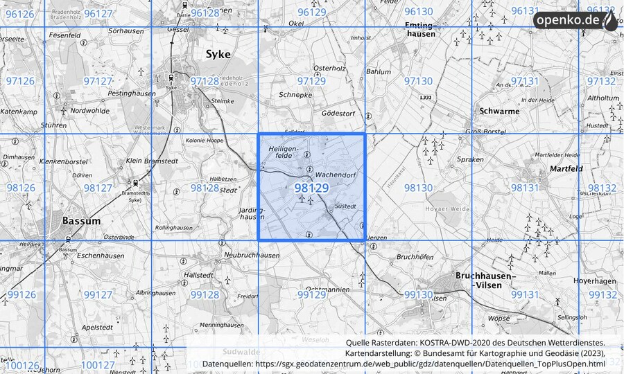 Übersichtskarte des KOSTRA-DWD-2020-Rasterfeldes Nr. 98129