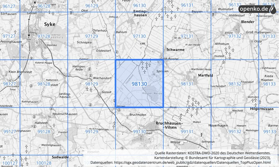 Übersichtskarte des KOSTRA-DWD-2020-Rasterfeldes Nr. 98130