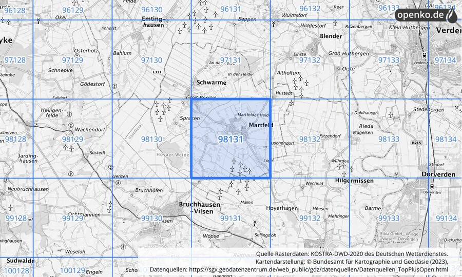 Übersichtskarte des KOSTRA-DWD-2020-Rasterfeldes Nr. 98131