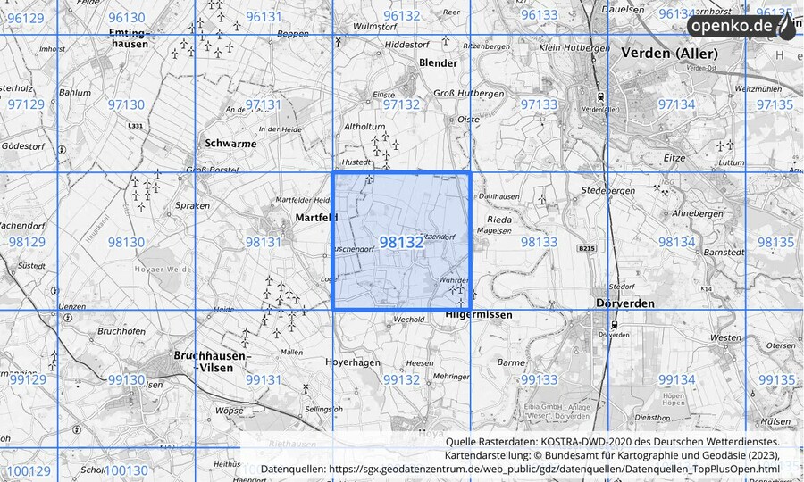 Übersichtskarte des KOSTRA-DWD-2020-Rasterfeldes Nr. 98132