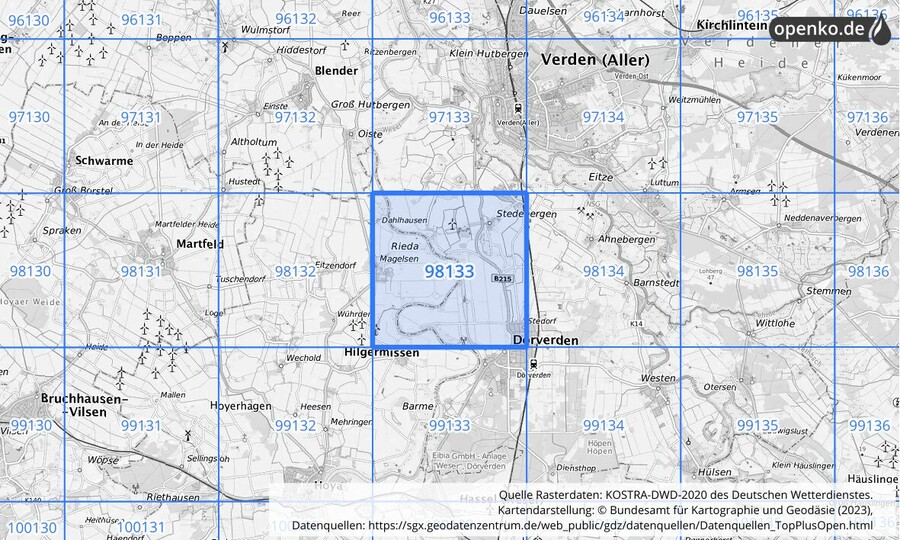 Übersichtskarte des KOSTRA-DWD-2020-Rasterfeldes Nr. 98133