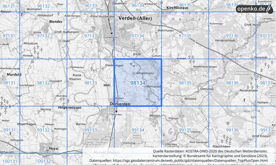 Übersichtskarte des KOSTRA-DWD-2020-Rasterfeldes Nr. 98134
