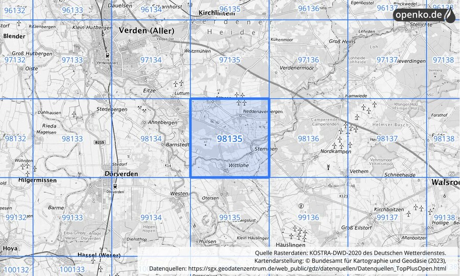 Übersichtskarte des KOSTRA-DWD-2020-Rasterfeldes Nr. 98135
