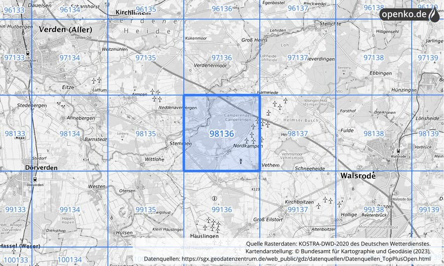 Übersichtskarte des KOSTRA-DWD-2020-Rasterfeldes Nr. 98136