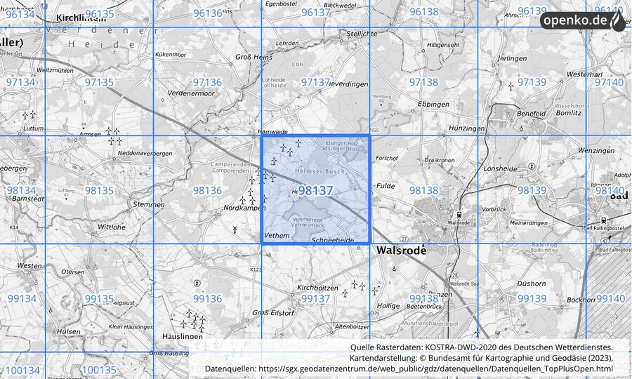 Übersichtskarte des KOSTRA-DWD-2020-Rasterfeldes Nr. 98137