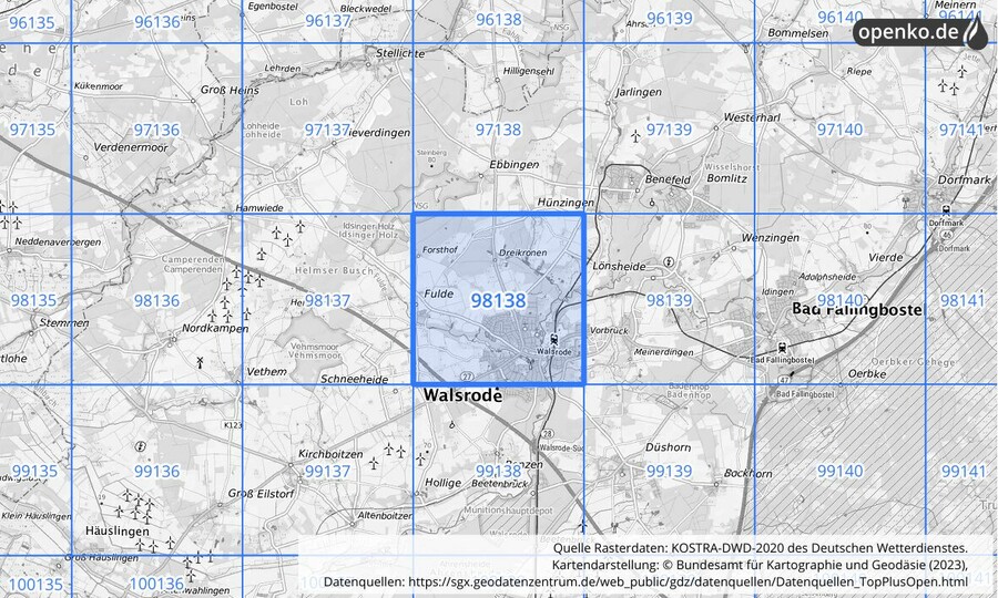 Übersichtskarte des KOSTRA-DWD-2020-Rasterfeldes Nr. 98138