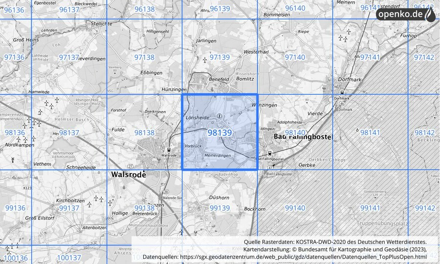 Übersichtskarte des KOSTRA-DWD-2020-Rasterfeldes Nr. 98139