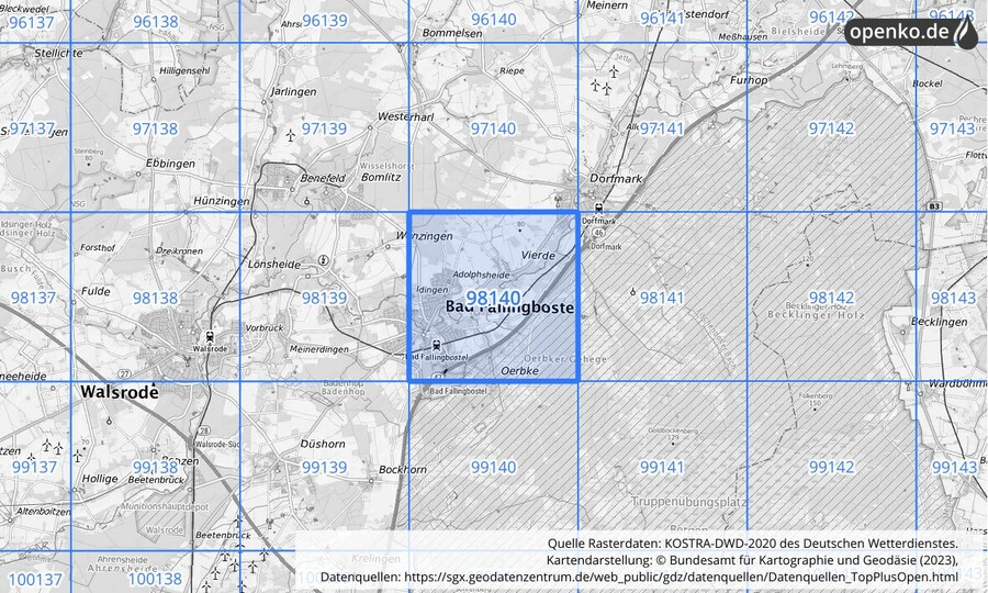 Übersichtskarte des KOSTRA-DWD-2020-Rasterfeldes Nr. 98140