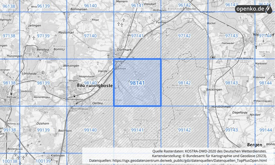 Übersichtskarte des KOSTRA-DWD-2020-Rasterfeldes Nr. 98141