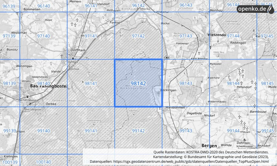 Übersichtskarte des KOSTRA-DWD-2020-Rasterfeldes Nr. 98142