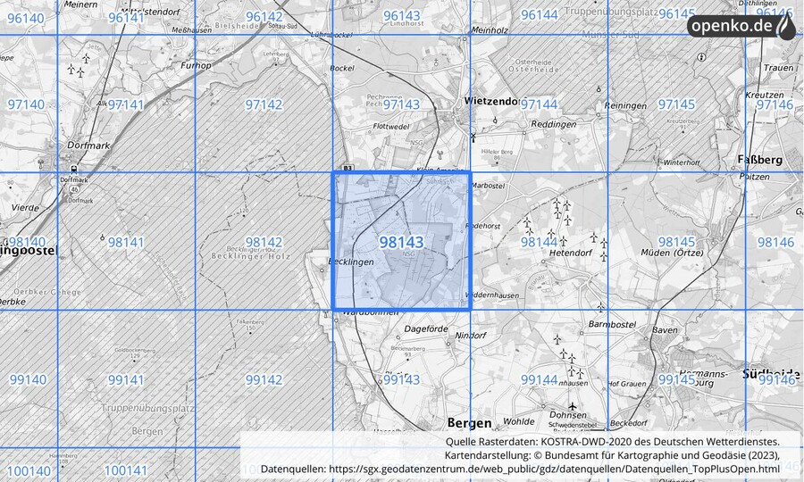 Übersichtskarte des KOSTRA-DWD-2020-Rasterfeldes Nr. 98143