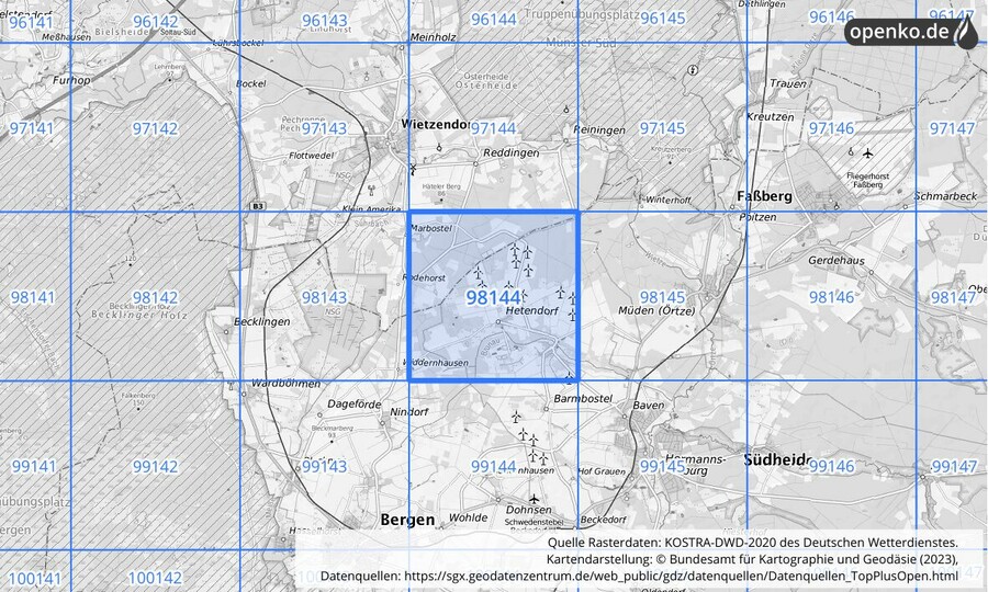 Übersichtskarte des KOSTRA-DWD-2020-Rasterfeldes Nr. 98144