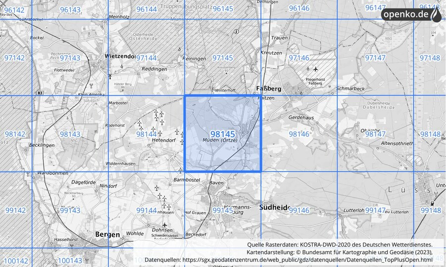 Übersichtskarte des KOSTRA-DWD-2020-Rasterfeldes Nr. 98145