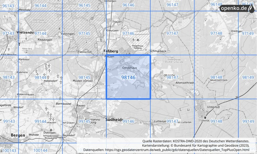 Übersichtskarte des KOSTRA-DWD-2020-Rasterfeldes Nr. 98146