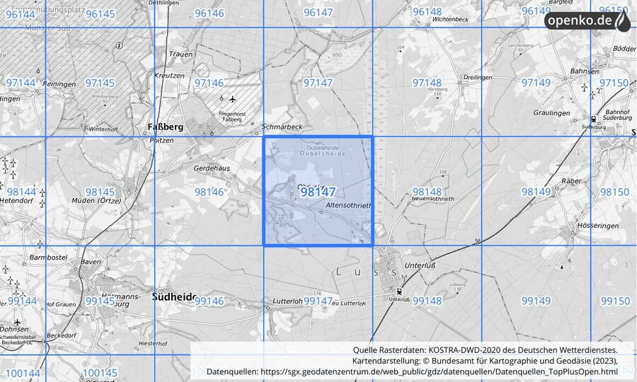 Übersichtskarte des KOSTRA-DWD-2020-Rasterfeldes Nr. 98147