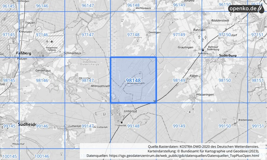 Übersichtskarte des KOSTRA-DWD-2020-Rasterfeldes Nr. 98148