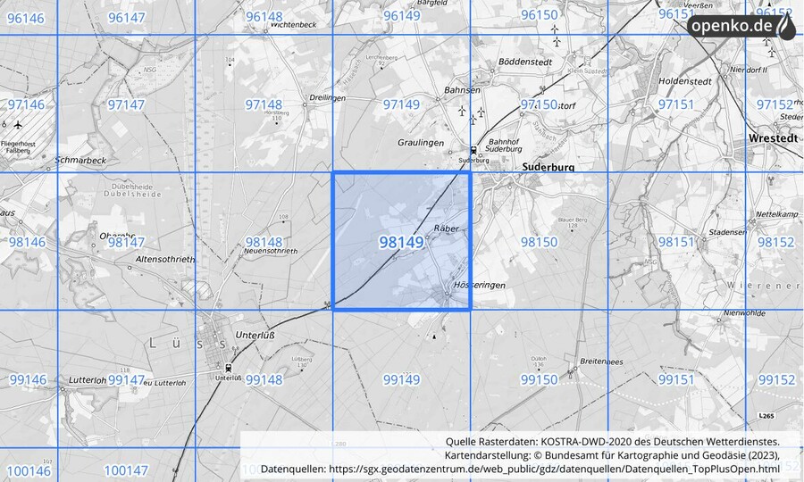 Übersichtskarte des KOSTRA-DWD-2020-Rasterfeldes Nr. 98149