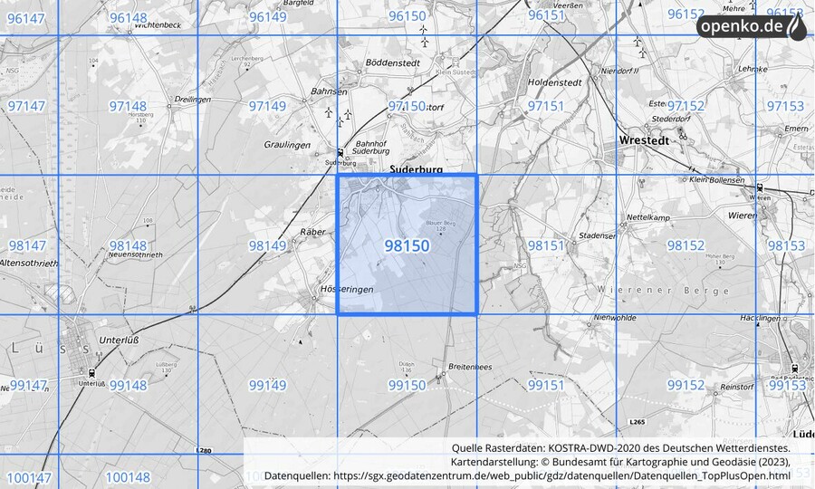 Übersichtskarte des KOSTRA-DWD-2020-Rasterfeldes Nr. 98150